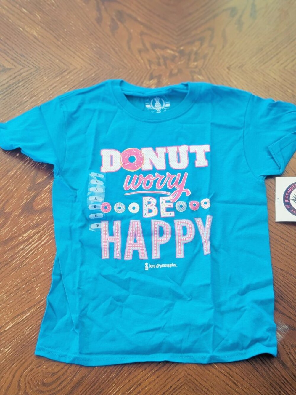 Kids Girls "Donut Worry Be Happy" T-Shirt Size Youth Small Blue Graphic Tee